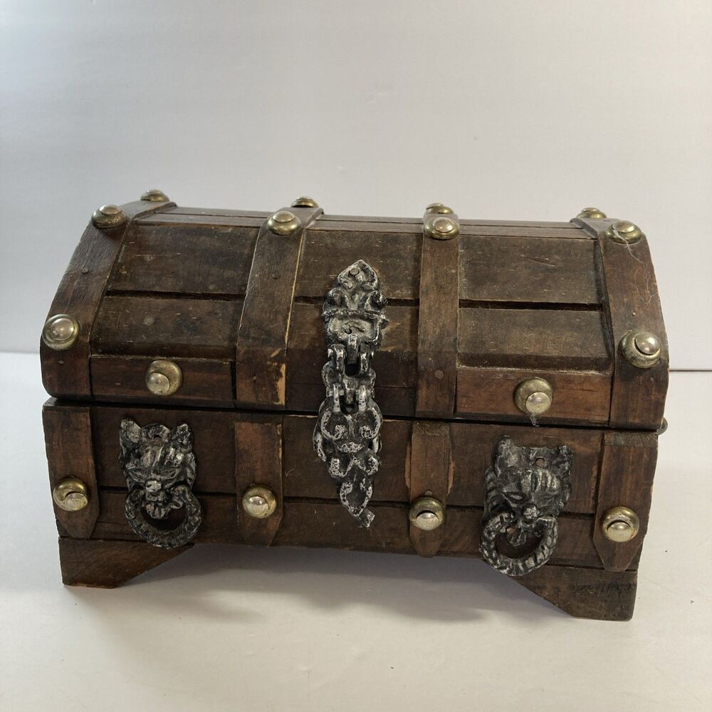 Vintage Wood Pirate Treasure Chest Gothic Lion Heads Humpback Jewelry Box